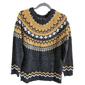 Papillon Woman Size M Nordic Fair isle Sweater Acrylic Nylon Blend Gold Grey